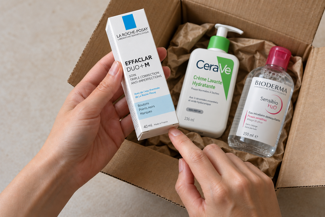 Mains vérifiant une boîte Effaclar Duo+M dans un colis contenant un nettoyant CeraVe et une eau micellaire Bioderma Sensibio H2O.