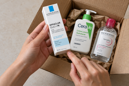 Mains vérifiant une boîte Effaclar Duo+M dans un colis contenant un nettoyant CeraVe et une eau micellaire Bioderma Sensibio H2O.