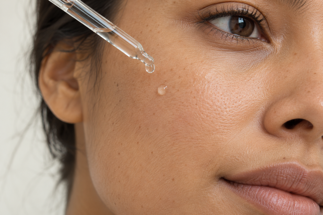 Gros plan d’une pipette contenant une goutte de sérum transparent au-dessus de la joue d’une femme.