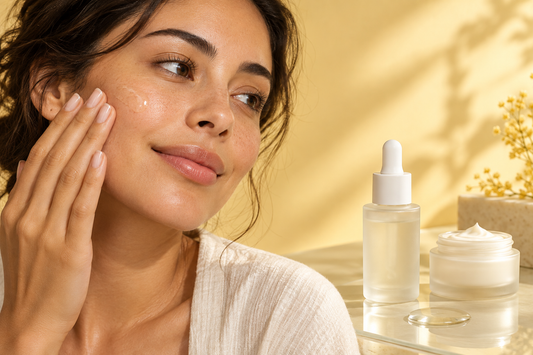 Femme appliquant un soin sur sa joue, avec un flacon de sérum et un pot de crème.