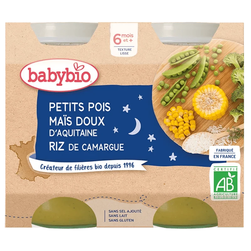 Babybio Petit Pot Petits Pois Maïs Doux d'Aquitaine Riz de Camargue