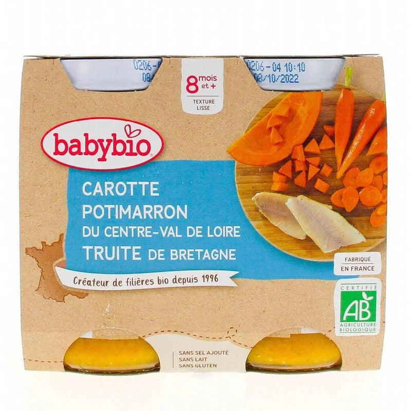 Babybio Purée Bio pour Bébé Carotte, Potimarron & Truite 8m+