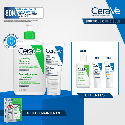CeraVe Crème Lavante Hydratante 473ml + Crème Hydratante 50ml = 3 Miniatures Offertes