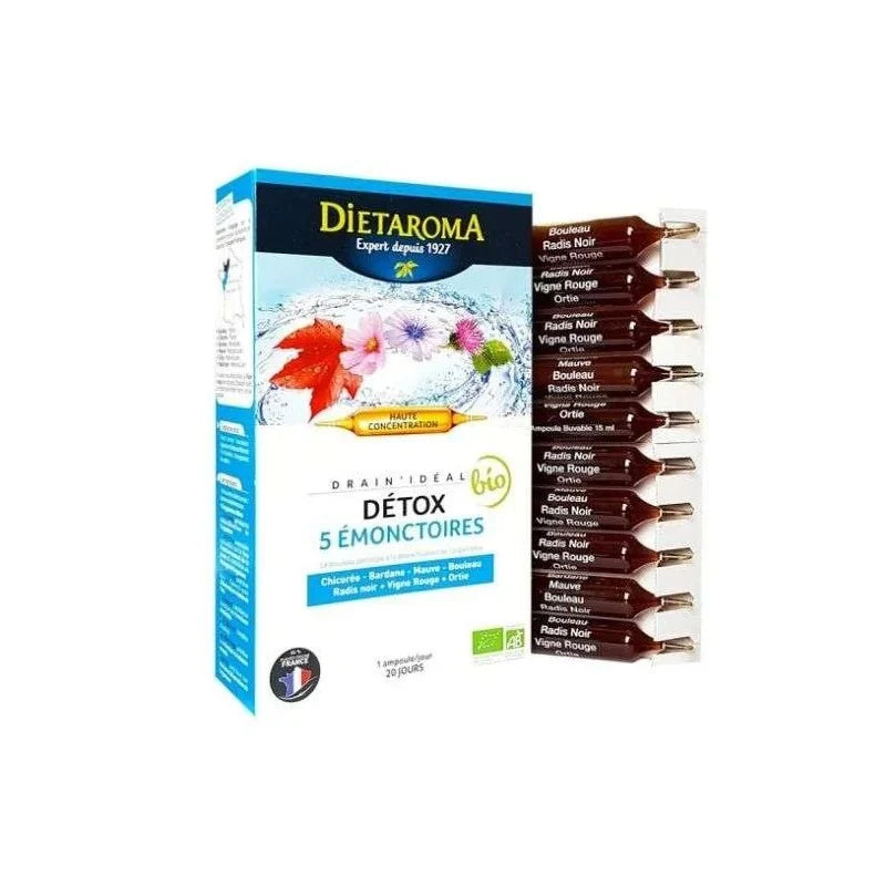 Dietaroma Drain Idéal Détox Bio 5 Émonctoires – 20 Ampoules